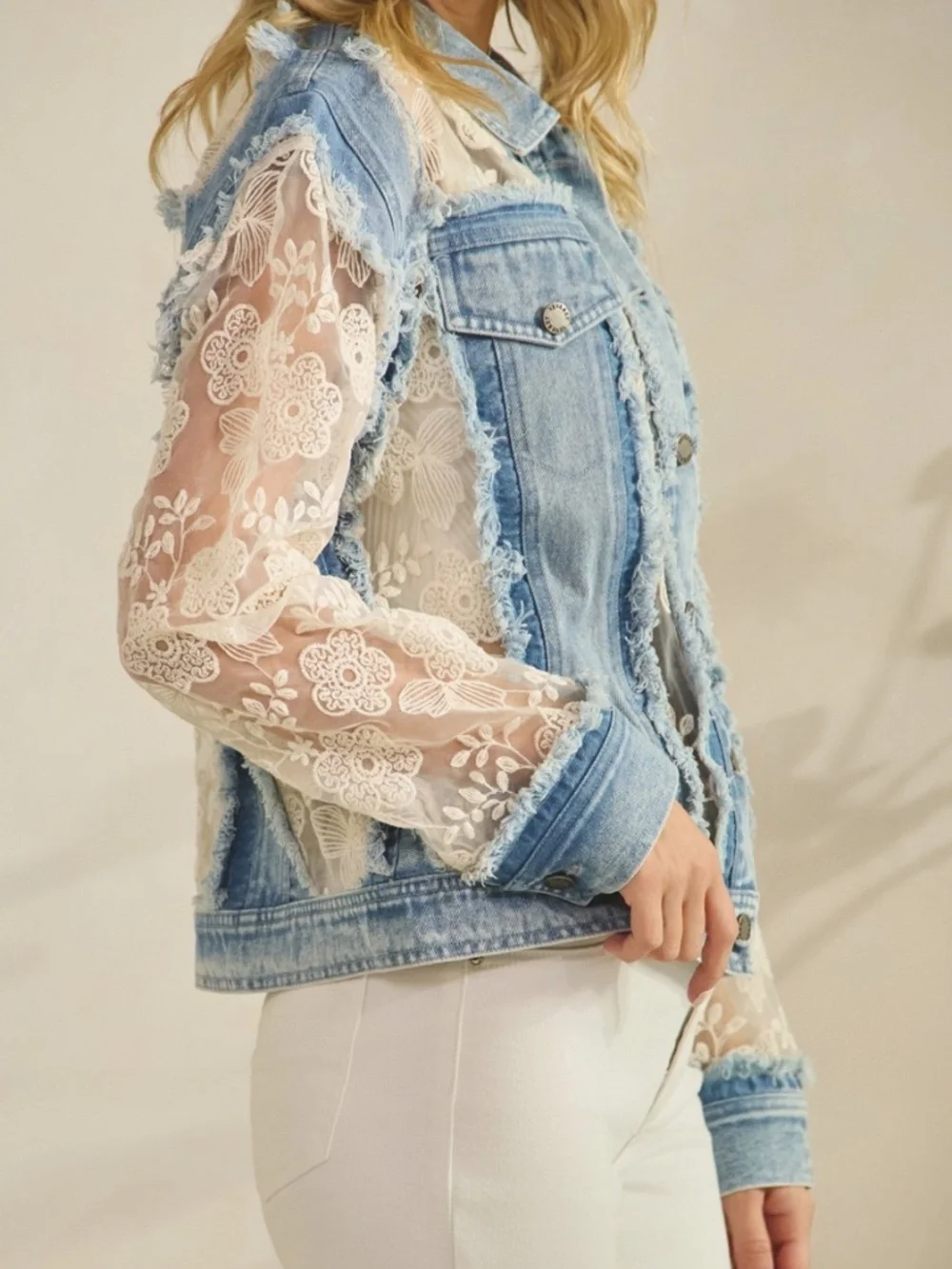 Western Floral Lace Semi Sheer Button Down Frayed Jacket - Picture 5 of 13